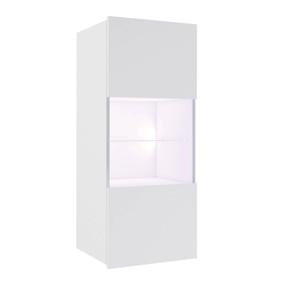 Piekarams vitrīnas skapis CALABRINI 45 cm, spīdīgi balts, minimālistisks dizains, stilīgs vitrīnas skapis viesistabai, vienkārša forma, piemērots jebkuram interjeram.