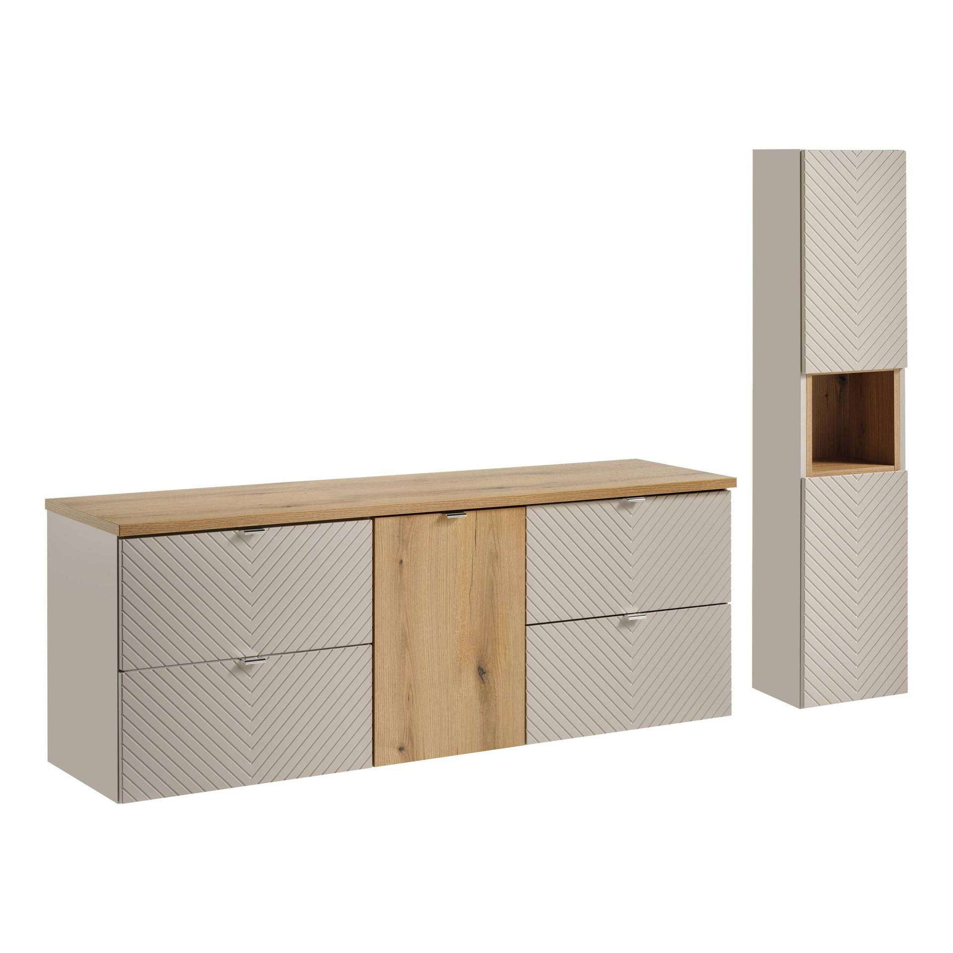 2 izlietnes skapīšu komplekts 2S 60 cm ar darba virsmu un skapi ar grozu 40 cm un augstu kolonnu Viva Cashmere Oak Coast Evoke