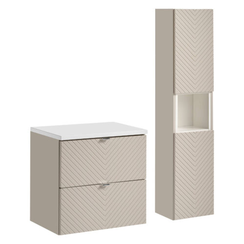 2 atvilktņu skapīšu komplekts, 60 cm, ar galda virsmu un augstu kolonnu, Viva Cashmere White