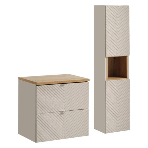 2 atvilktņu komplekts, 60 cm, ar darba virsmu un augstu kolonnu, Viva Cashmere Oak Coast Evoke