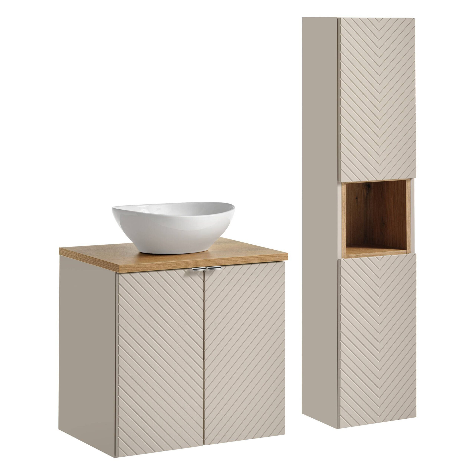 Divdurvju izlietnes skapīšu komplekts, 60 cm, ar darba virsmu un augstu kolonnu "Viva Cashmere Oak Coast Evoke"