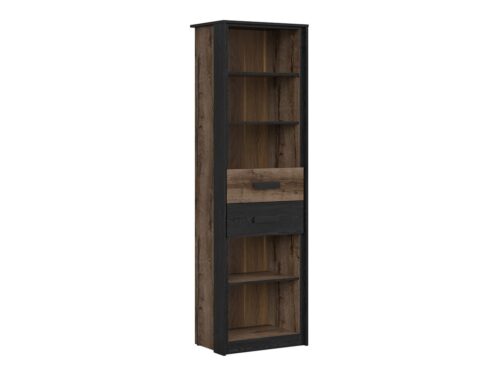 Atvērts grāmatu skapis ar divām atvilktnēm KASSEL 60 cm klostera ozols/melns ozols