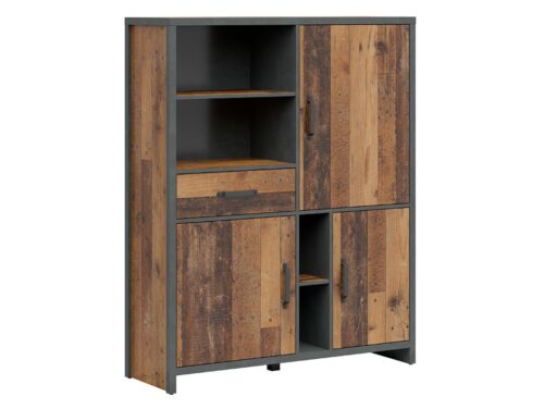 WESTON trīsdurvju grāmatu skapis ar atvilktni, 120 cm, antīks stils, tumša priede/matracis