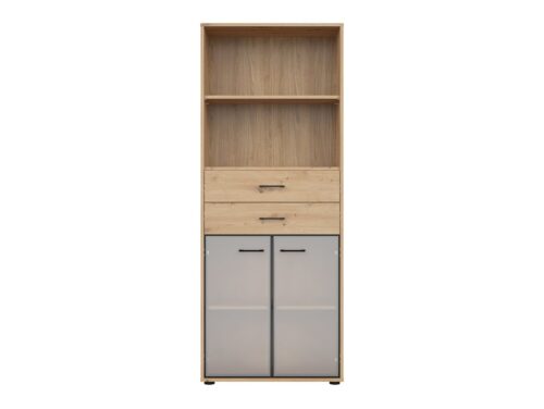 SPACE OFFICE grāmatu skapis ar stikla durvīm un divām atvilktnēm, 80 cm, mākslīgais ozols / matēti melns