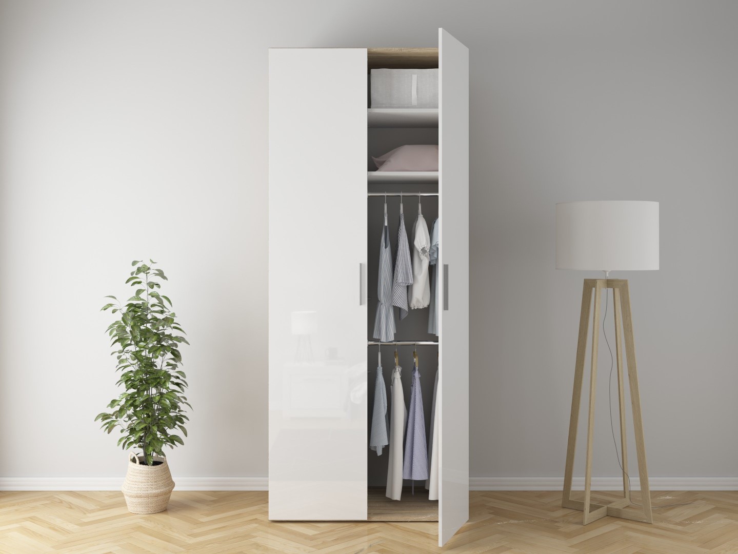 FLEX divdurvju skapis 100 cm, Sonoma ozols/balta spīdīga krāsa — изображение 4