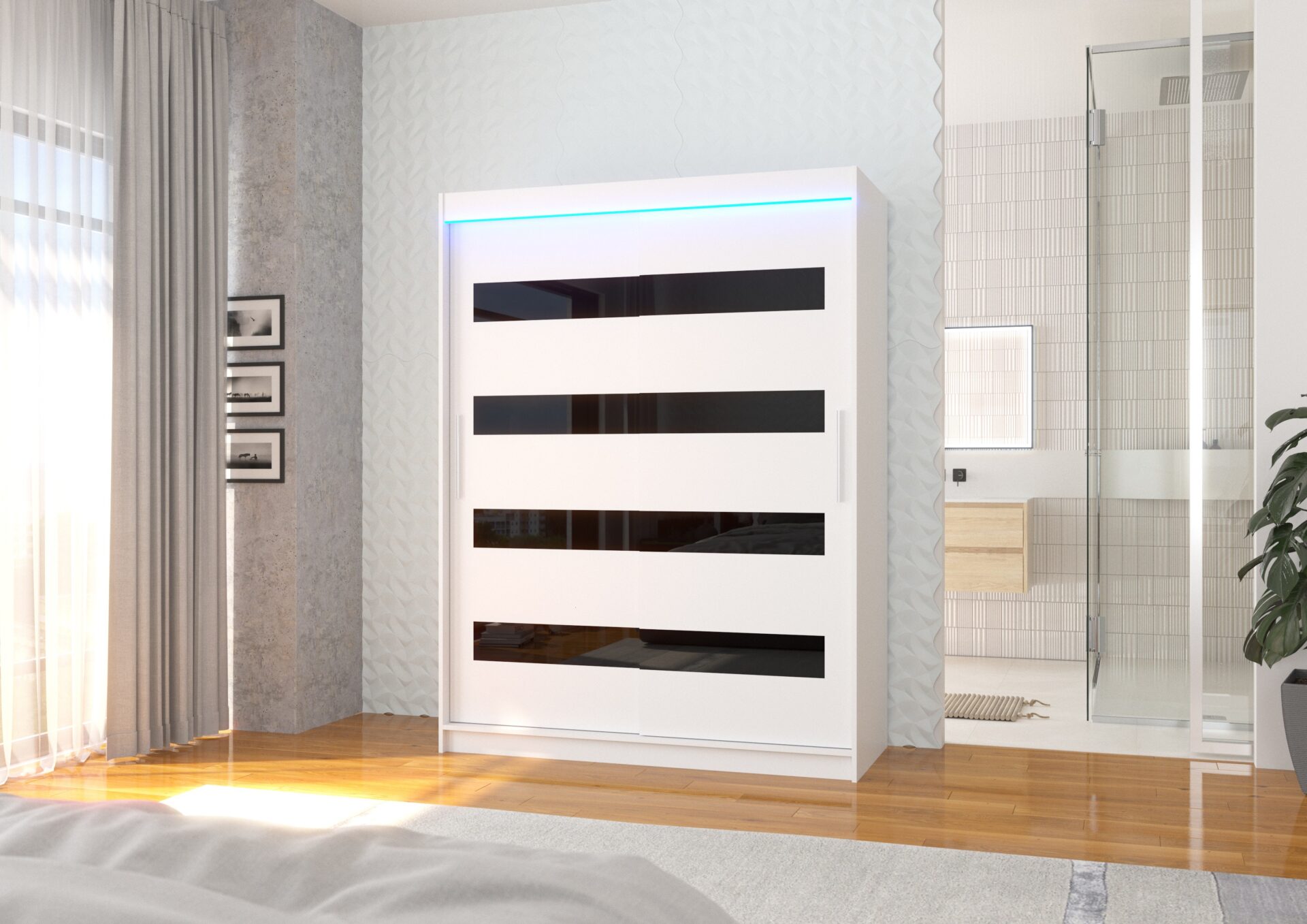 Bīdāms skapis ar Lacobel un LED apgaismojumu MARTINEZ 150 balts/melns Lacobel ADRK — изображение 2