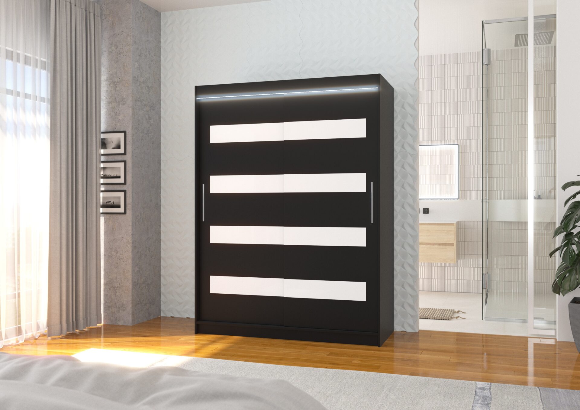 Bīdāms skapis ar Lacobel un LED apgaismojumu MARTINEZ 150 melns/balts Lacobel ADRK — изображение 2