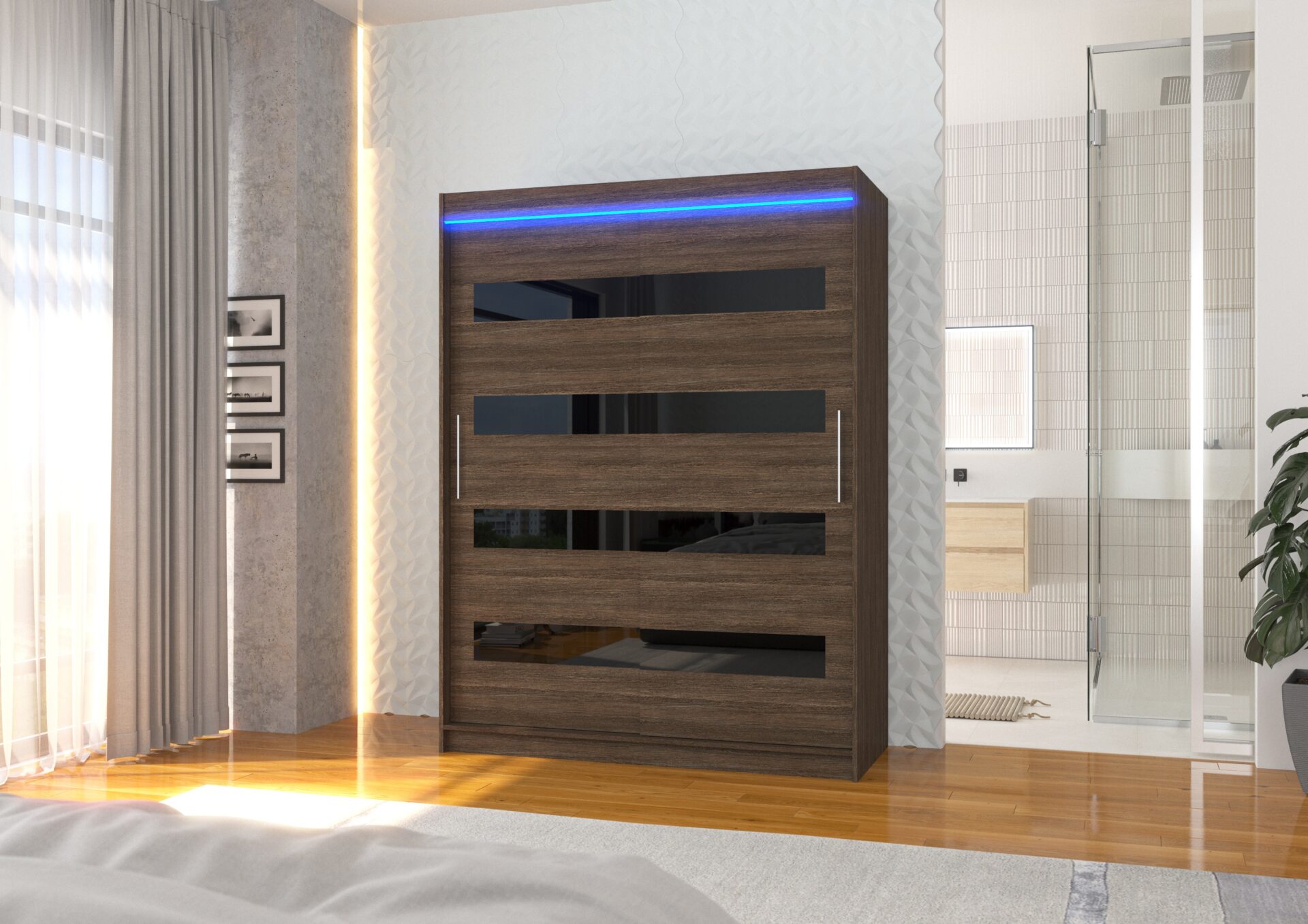 Bīdāms skapis ar Lacobel un LED apgaismojumu MARTINEZ 150 Šokolādes/Melna Lacobel ADRK — изображение 2