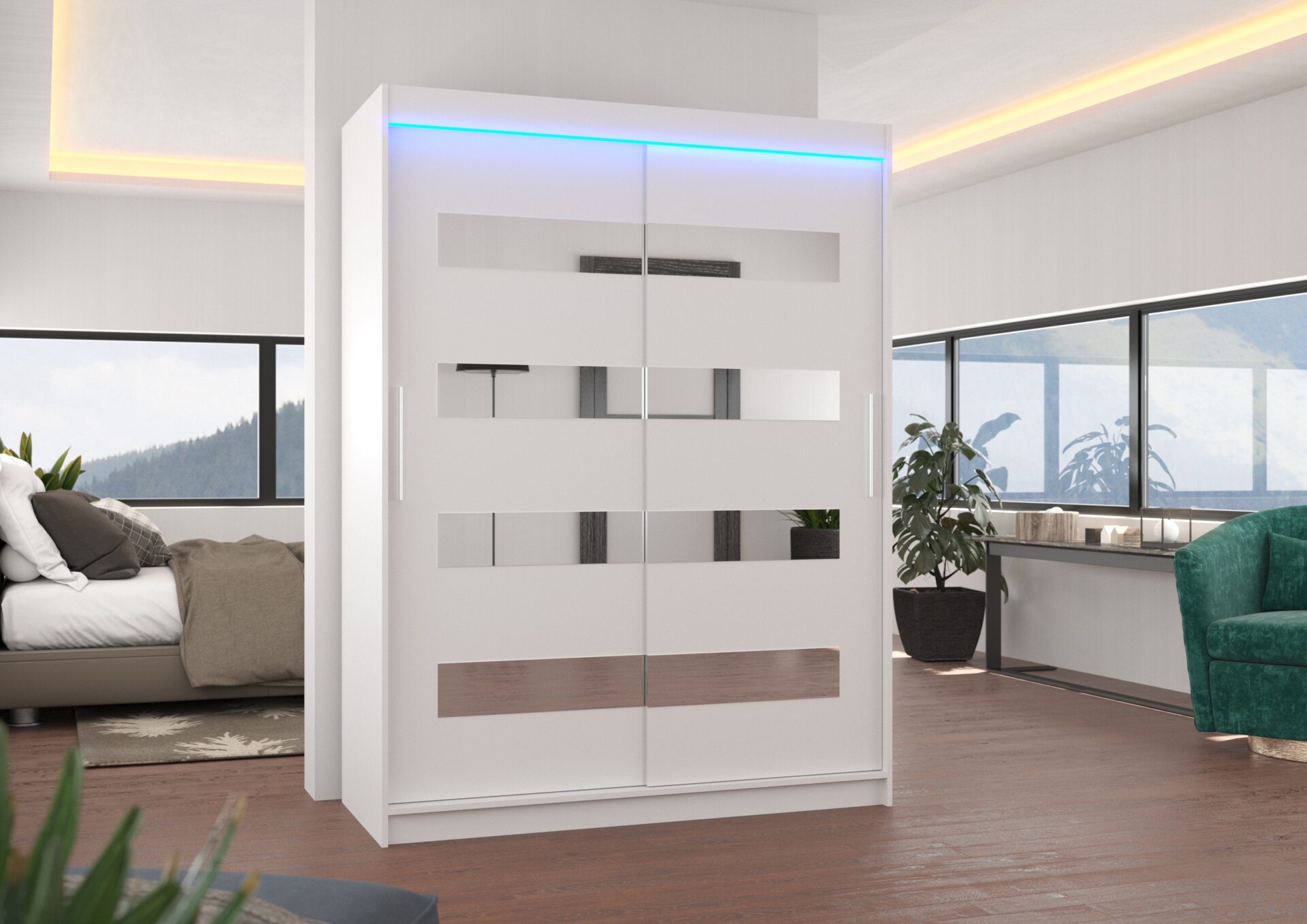 Bīdāms skapis ar spoguli un LED apgaismojumu BALTIC 150 White ADRK — 2 attēls