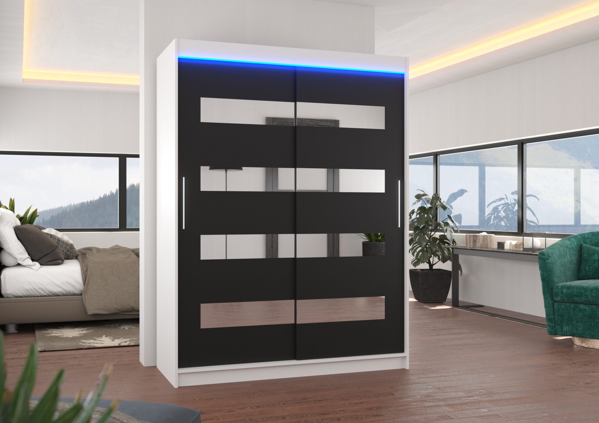 Bīdāms skapis ar spoguli un LED apgaismojumu BALTIC 150 balts/melns ADRK — 2 attēls
