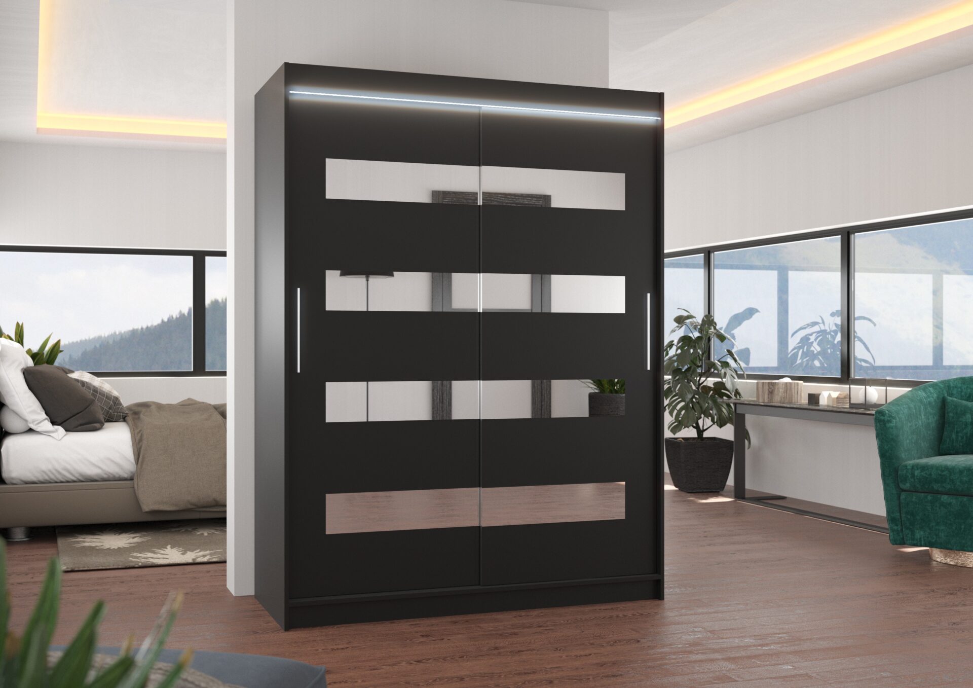 Bīdāms skapis ar spoguli un LED apgaismojumu BALTIC 150 Black ADRK — 2 attēls