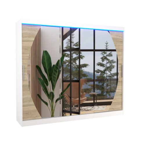 Bīdāms skapis ar spoguli un LED apgaismojumu CAMBE 250 balts/Sonoma ADRK