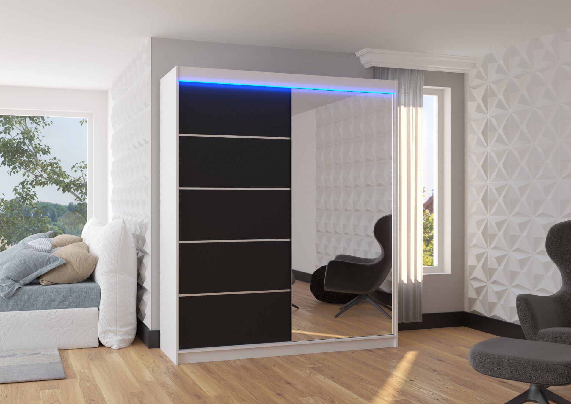 Bīdāms skapis ar spoguli un LED apgaismojumu CARO 180 balts/melns ADRK — 2 attēls