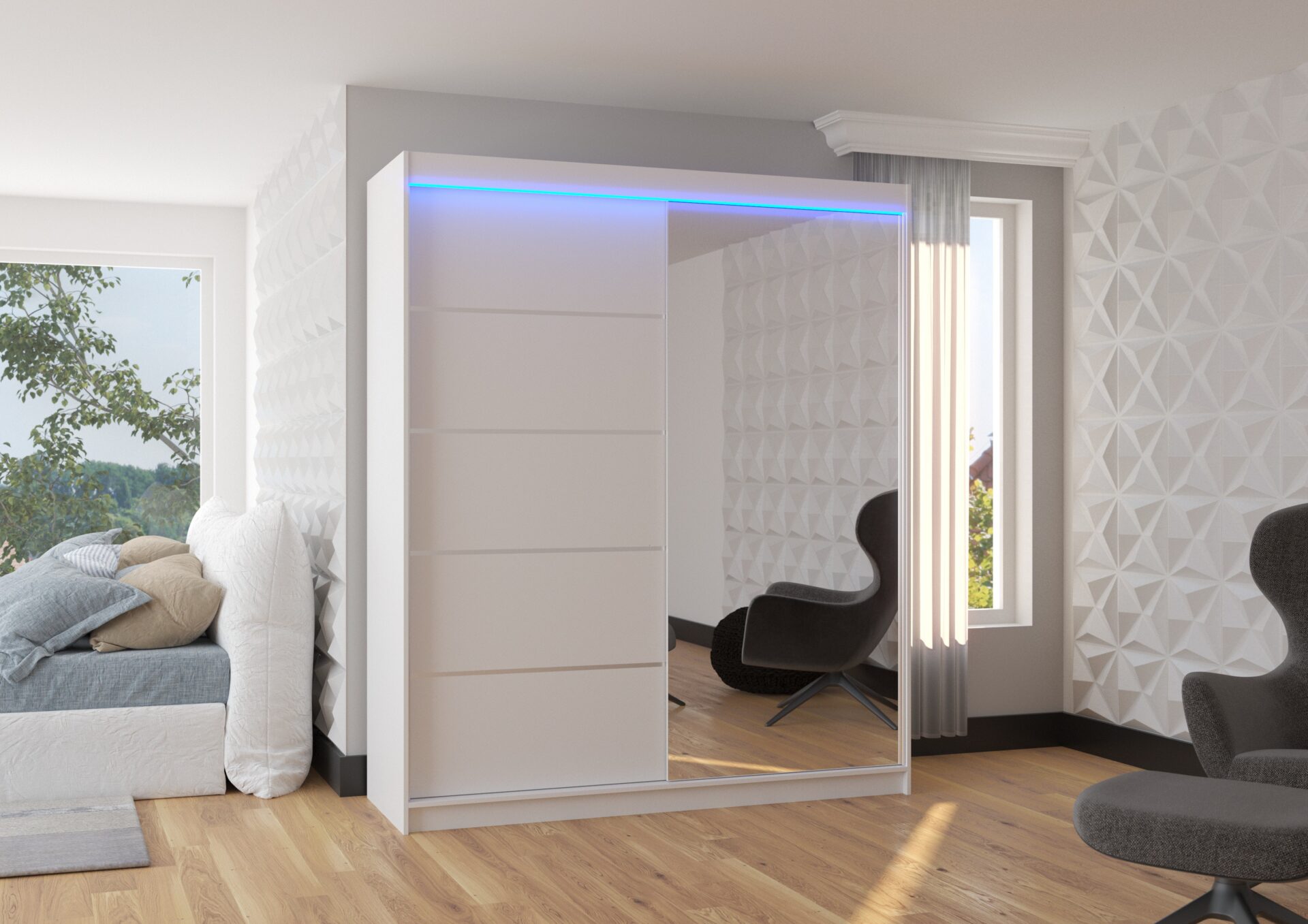 Bīdāms skapis ar spoguli un LED apgaismojumu CARO 180 balts ADRK — 2 attēls