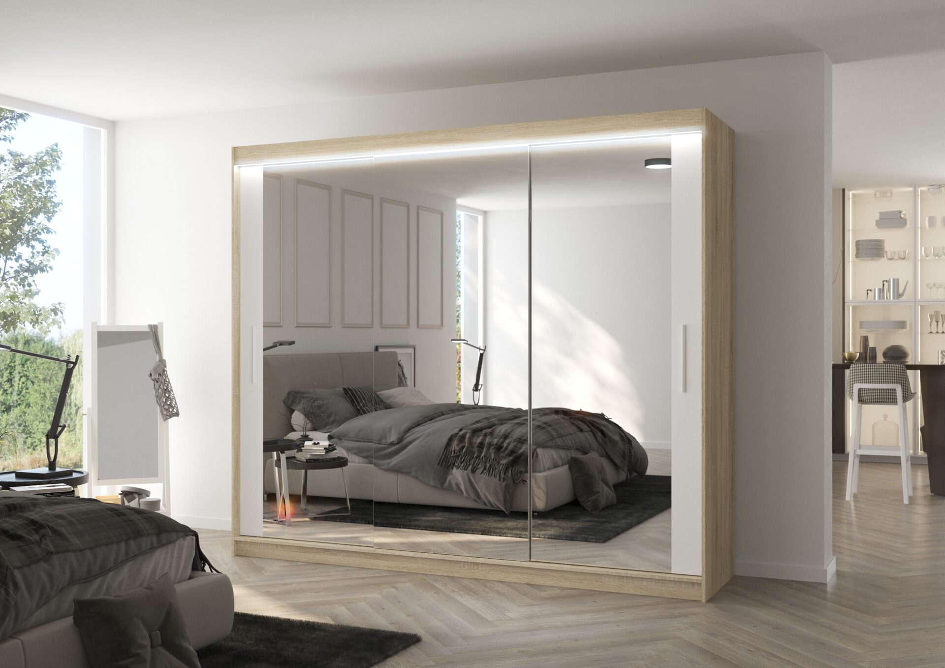 Bīdāms skapis ar spoguli un LED apgaismojumu CHESTER 250 Sonoma/Balts ADRK — изображение 2