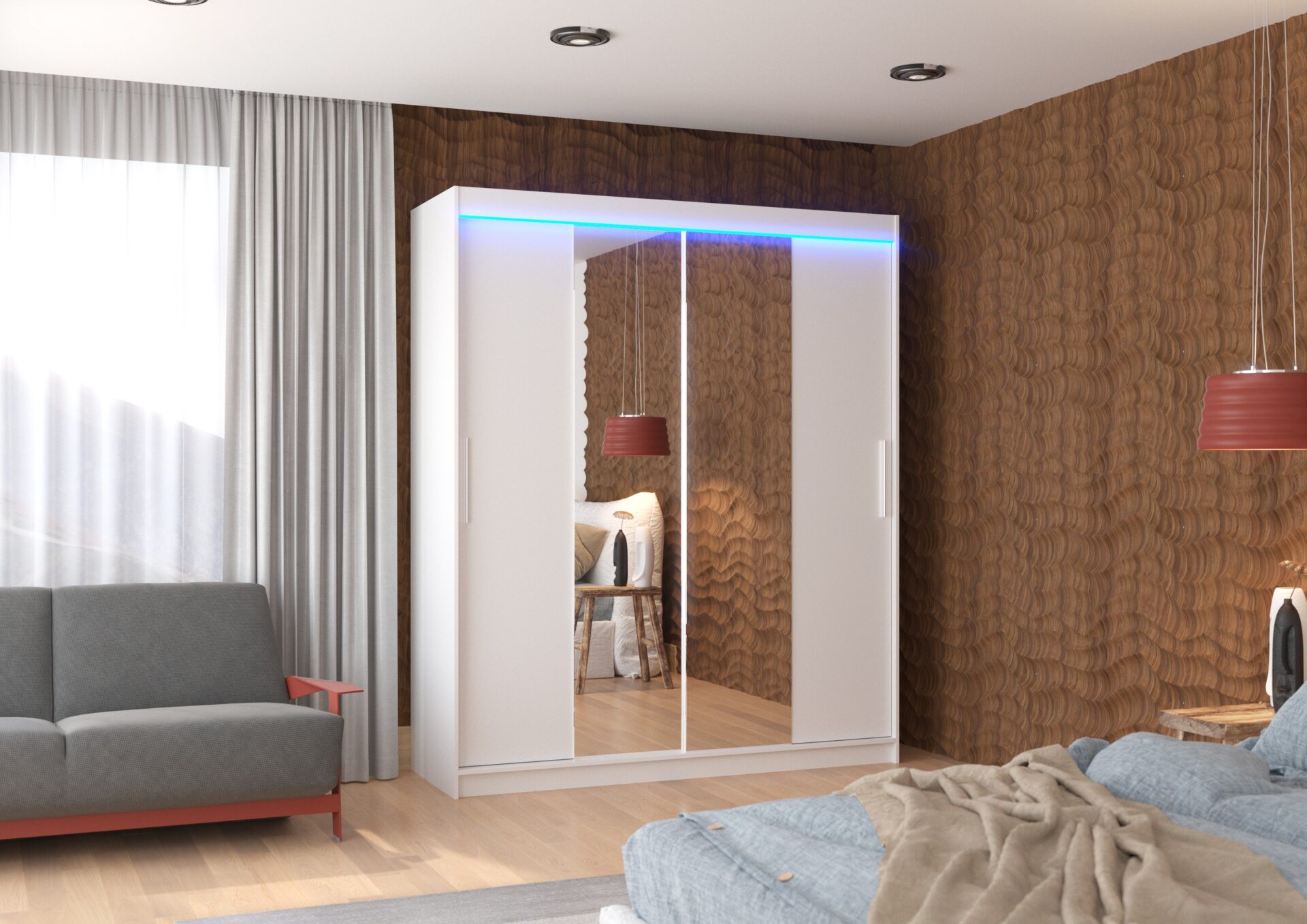 Bīdāms skapis ar spoguli un LED apgaismojumu DALLAS 180 balts ADRK — изображение 2