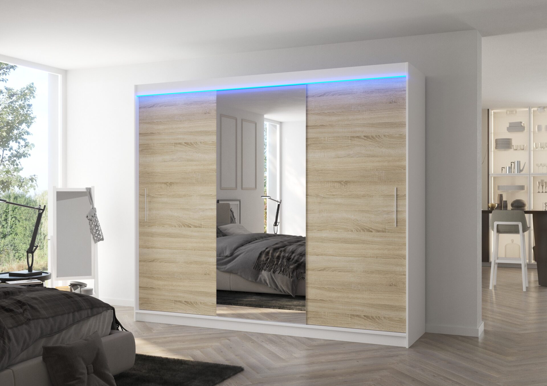 Bīdāms skapis ar spoguli un LED apgaismojumu DENIS 250 balts/Sonoma ADRK — изображение 2