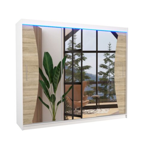 Bīdāms skapis ar spoguli un LED apgaismojumu DIEGO 250 balts/Sonoma ADRK
