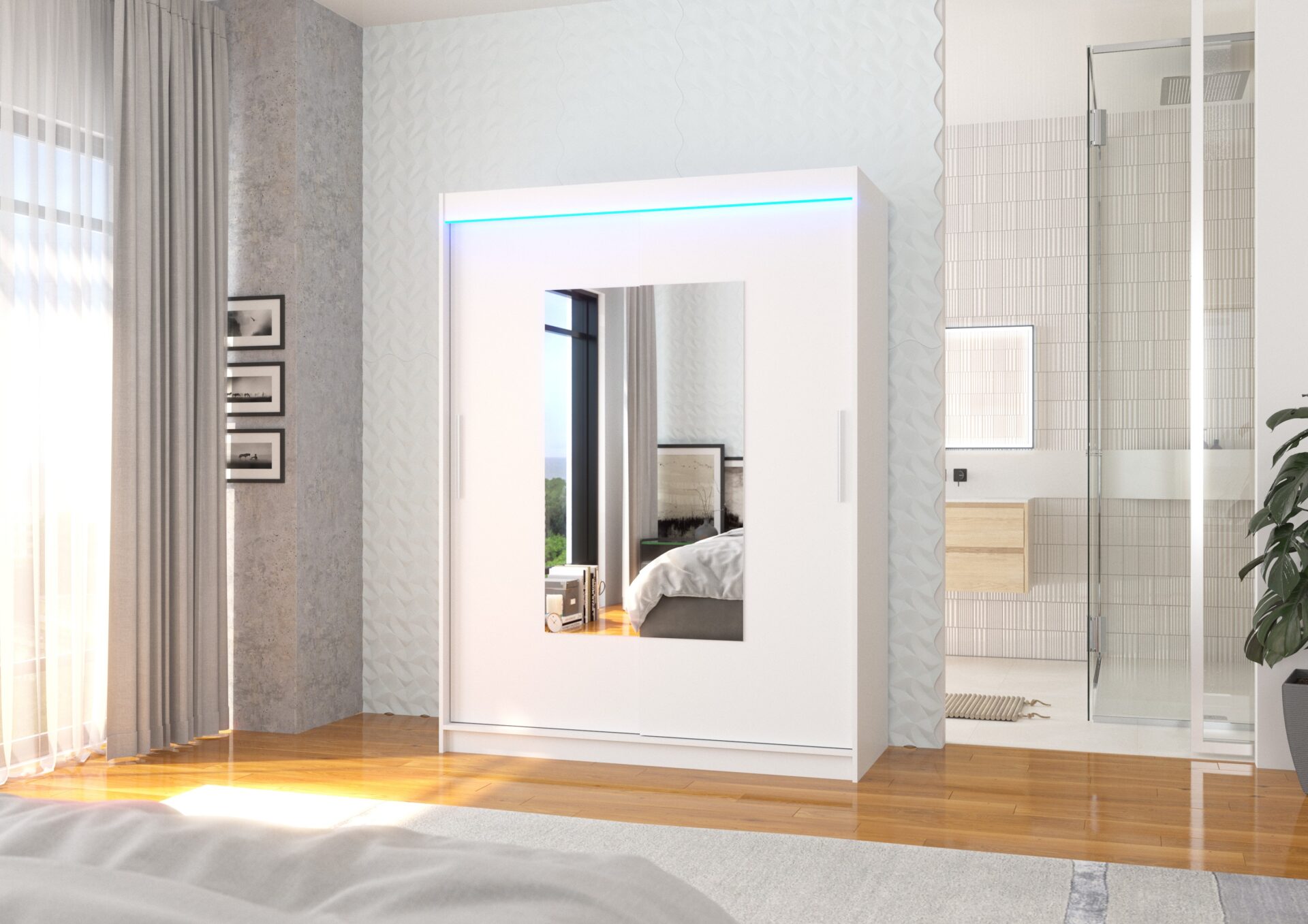 Bīdāms skapis ar spoguli un LED apgaismojumu DORRIGO 150 balts ADRK — изображение 2