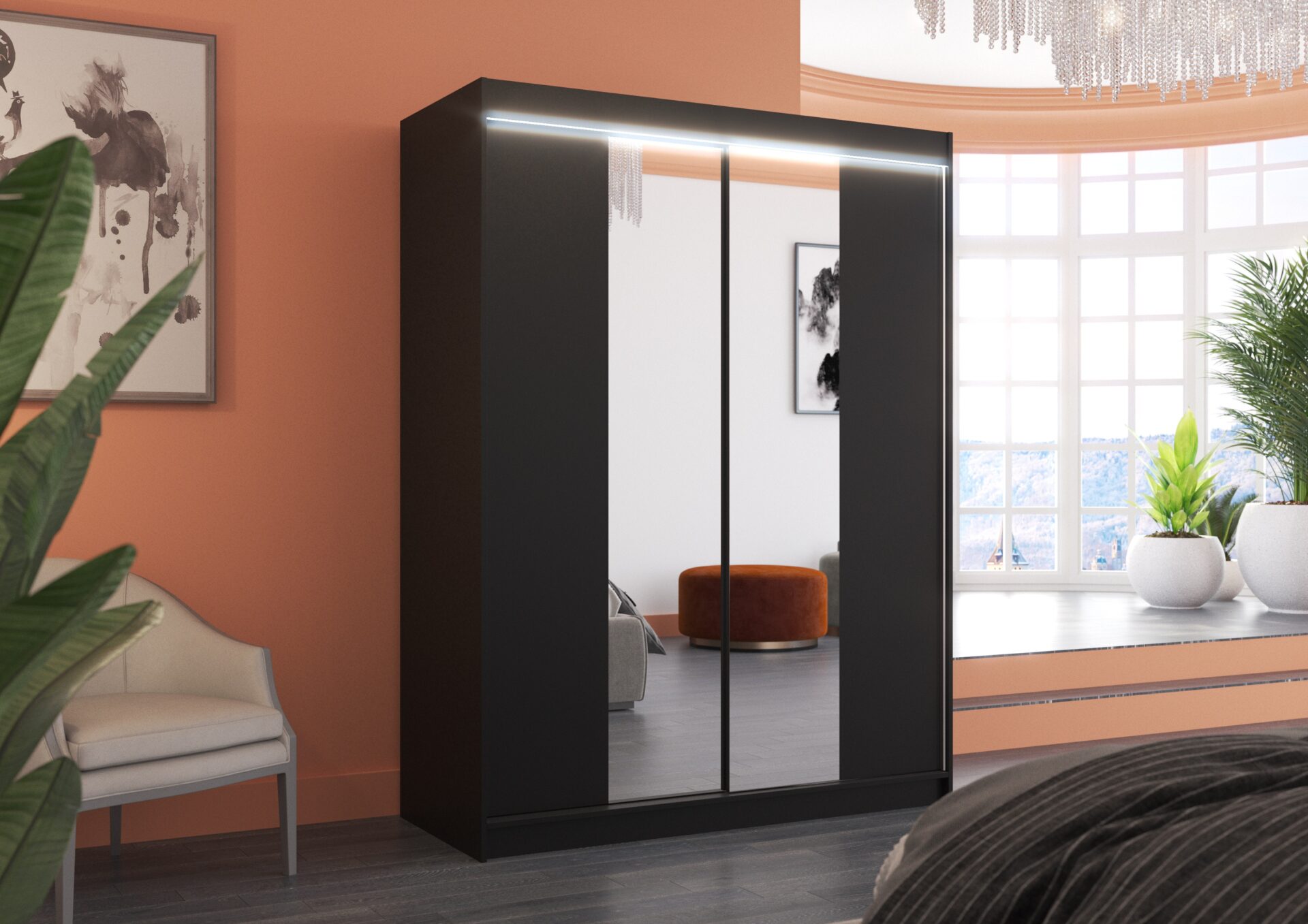 Bīdāms skapis ar spoguli un LED apgaismojumu FEVER 150 melns ADRK — 2 attēls
