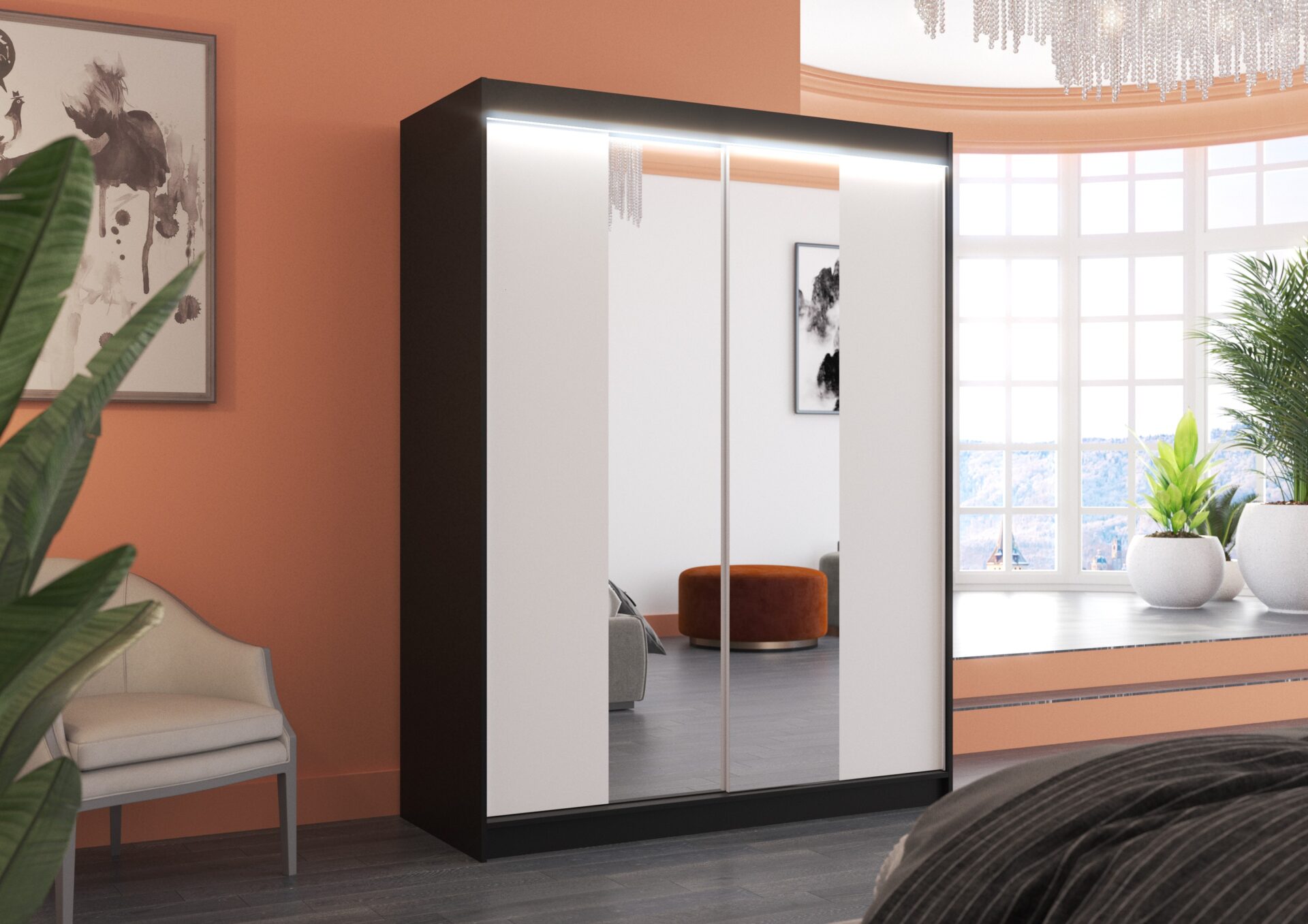 Bīdāms skapis ar spoguli un LED apgaismojumu FEVER 150 melns/balts ADRK — изображение 2