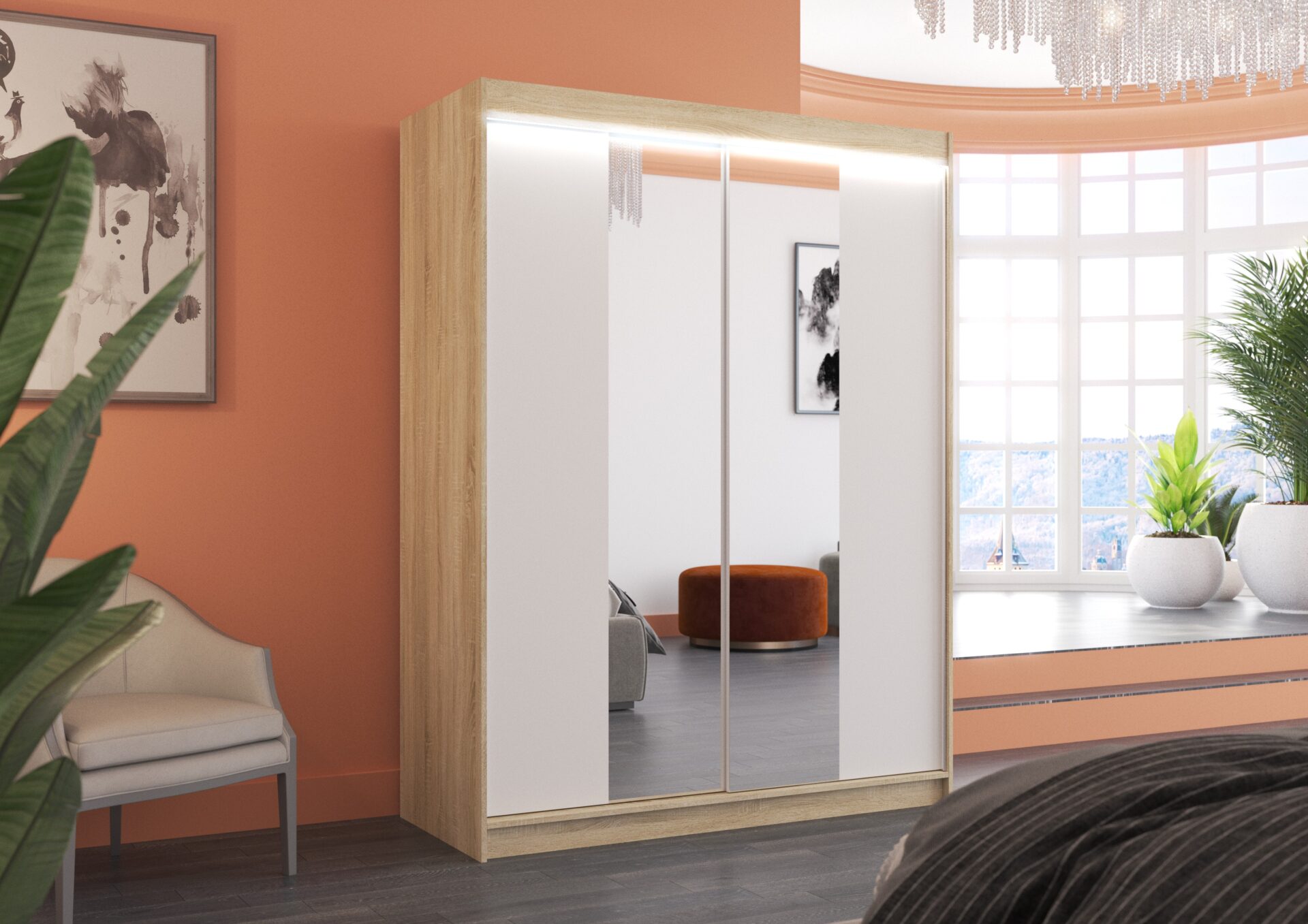 Bīdāms skapis ar spoguli un LED apgaismojumu FEVER 150 Sonoma/Balts ADRK — изображение 2