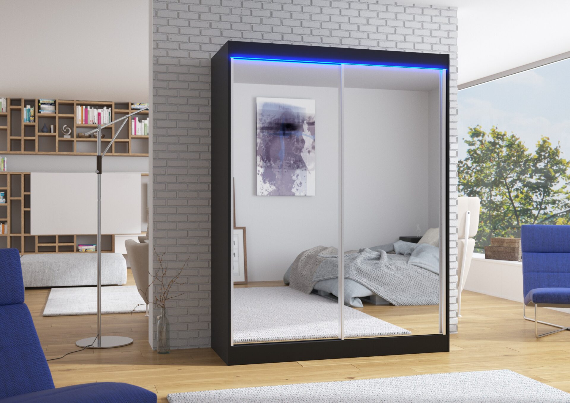 Bīdāms skapis ar spoguli un LED apgaismojumu FLOREST 150 melns ADRK — изображение 2