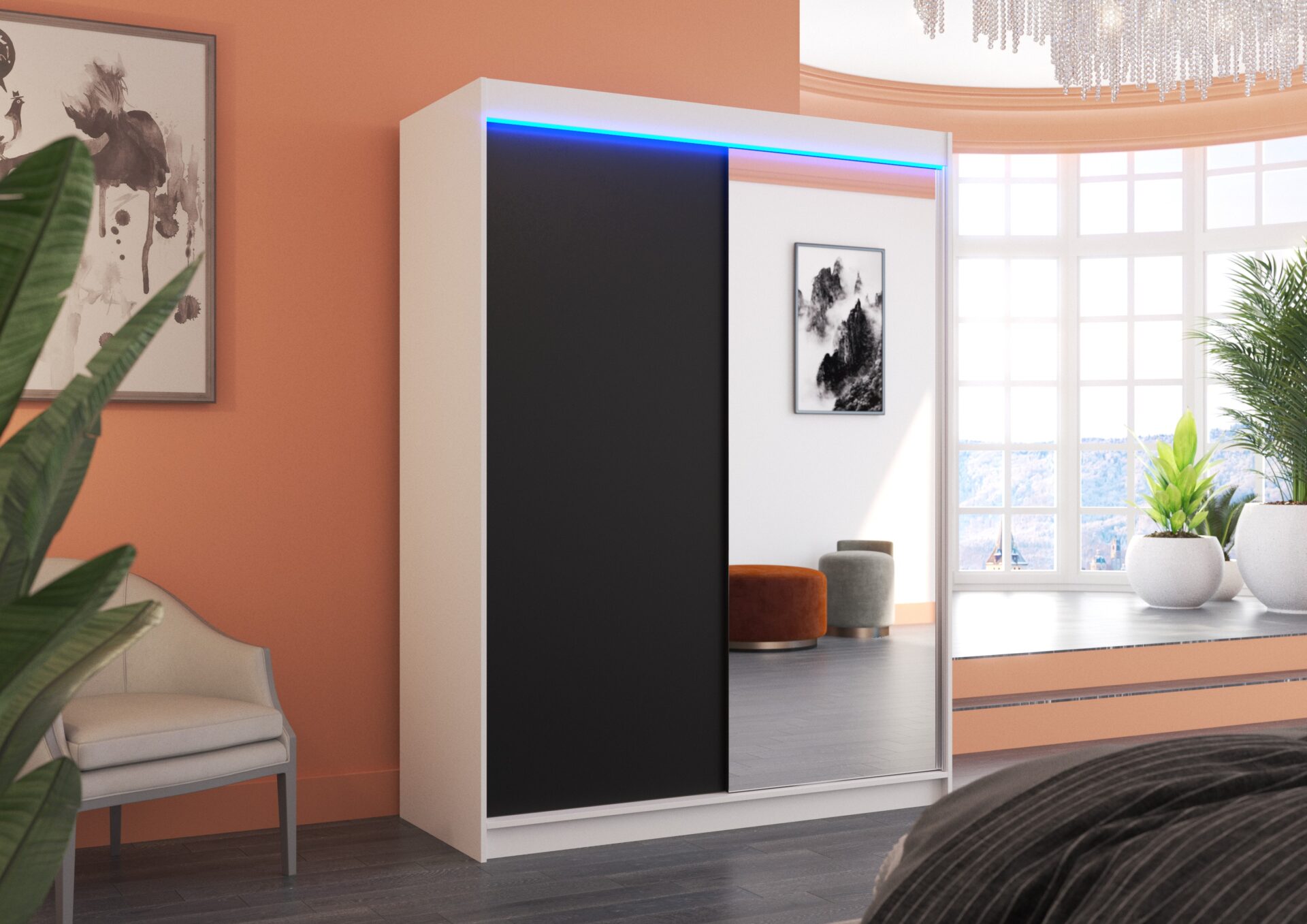 Bīdāms skapis ar spoguli un LED apgaismojumu JORDI 150 balts/melns ADRK — 2 attēls