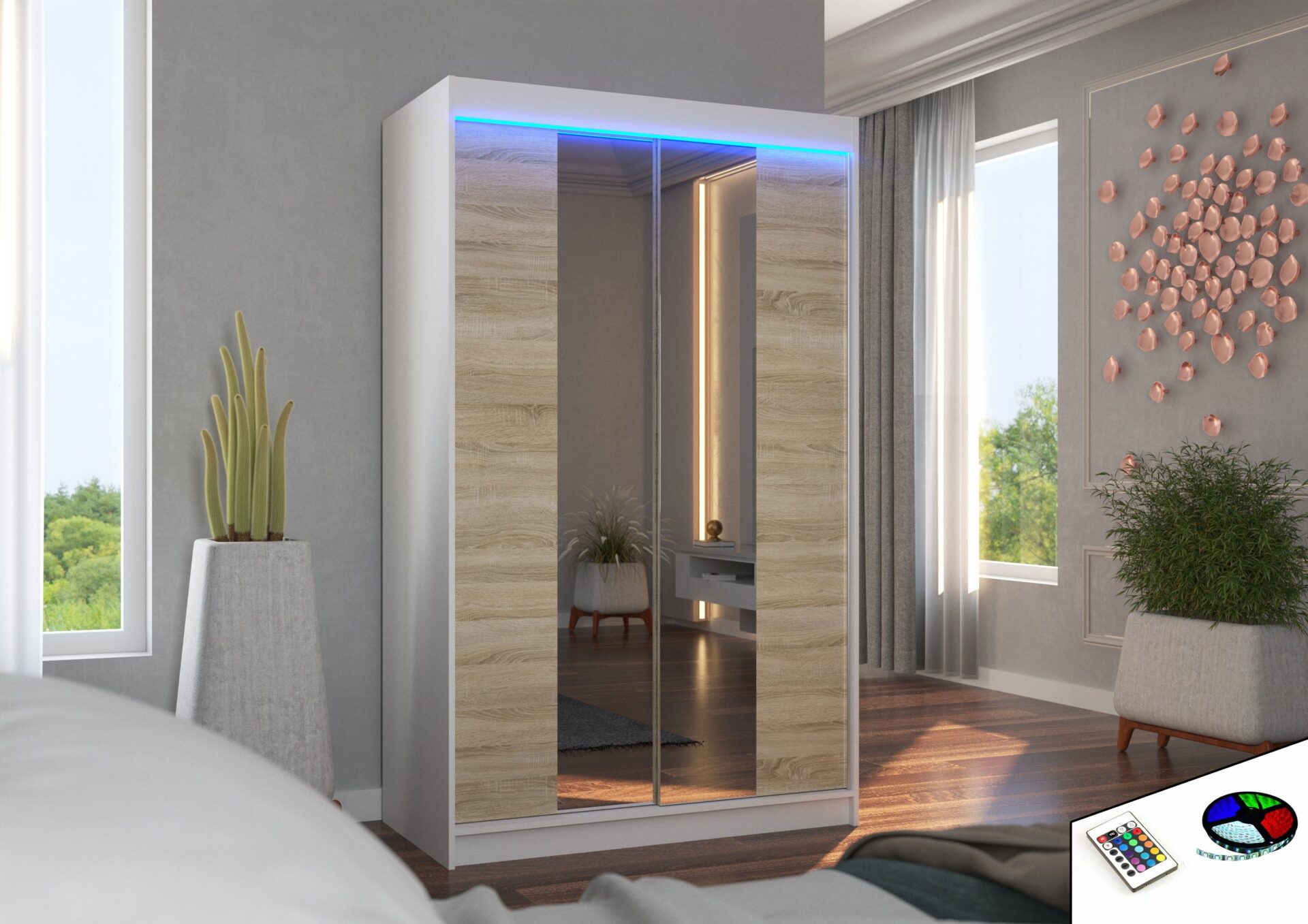 Bīdāms skapis ar spoguli un LED apgaismojumu MARVIN 120 balts/Sonoma ADRK — изображение 2