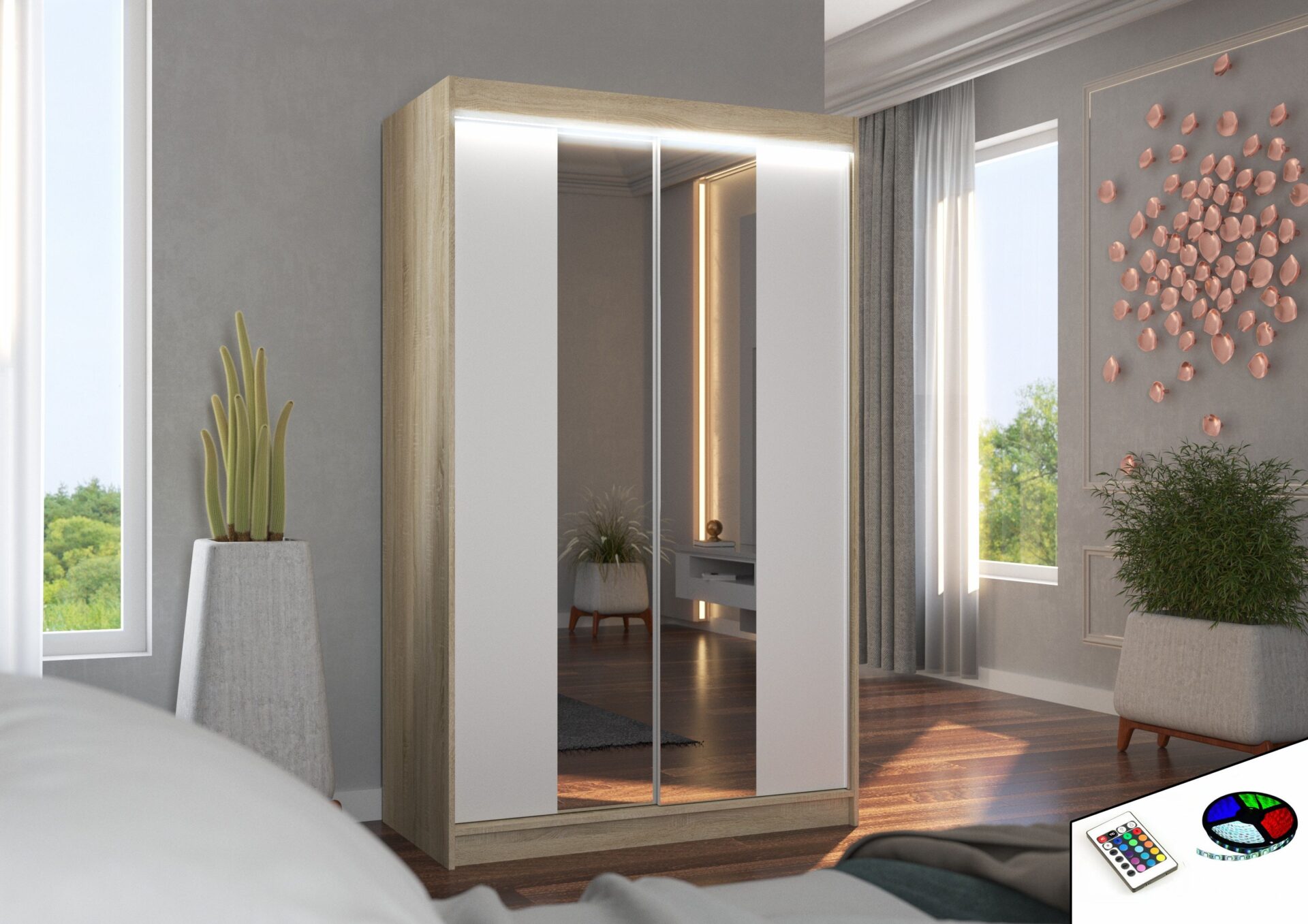 Bīdāms skapis ar spoguli un LED apgaismojumu MARVIN 120 Sonoma/Balts ADRK — изображение 2