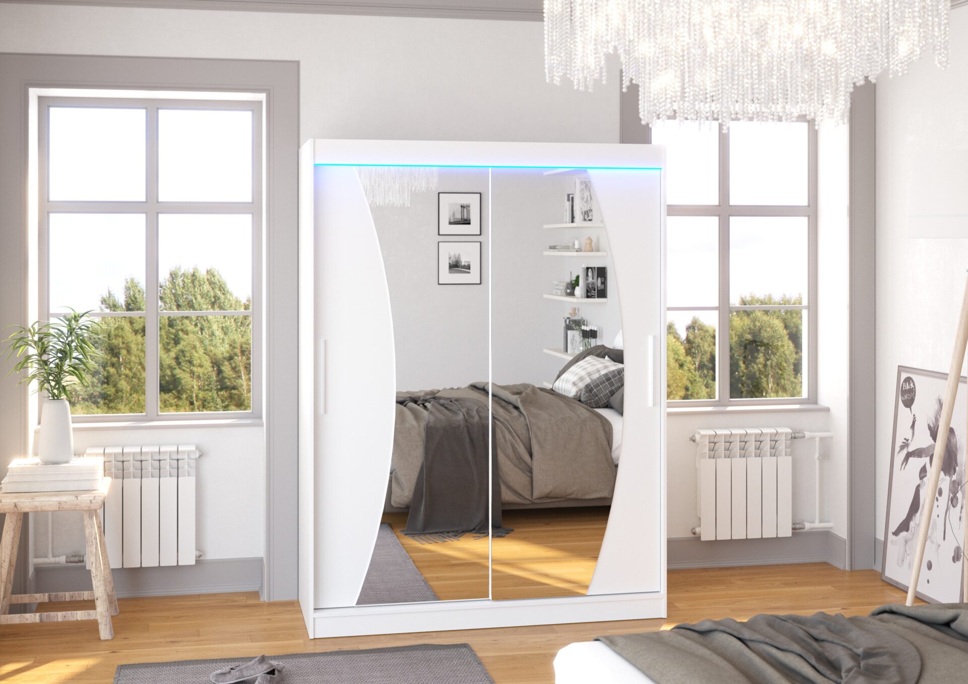 Bīdāms skapis ar spoguli un LED apgaismojumu MODESTO 150 balts ADRK — 2 attēls