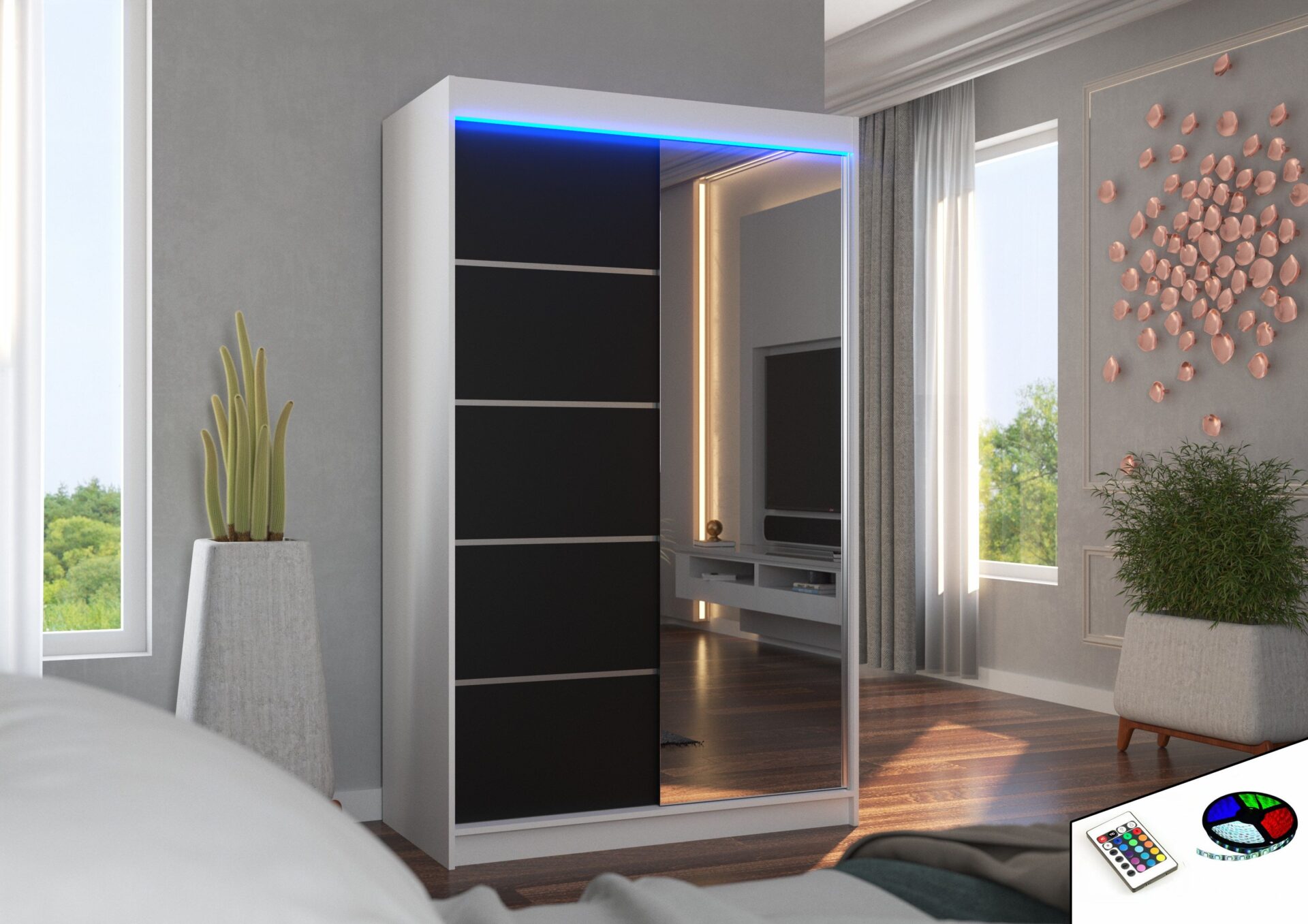 Bīdāms skapis ar spoguli un LED apgaismojumu NICEA 120 balts/melns ADRK — изображение 2