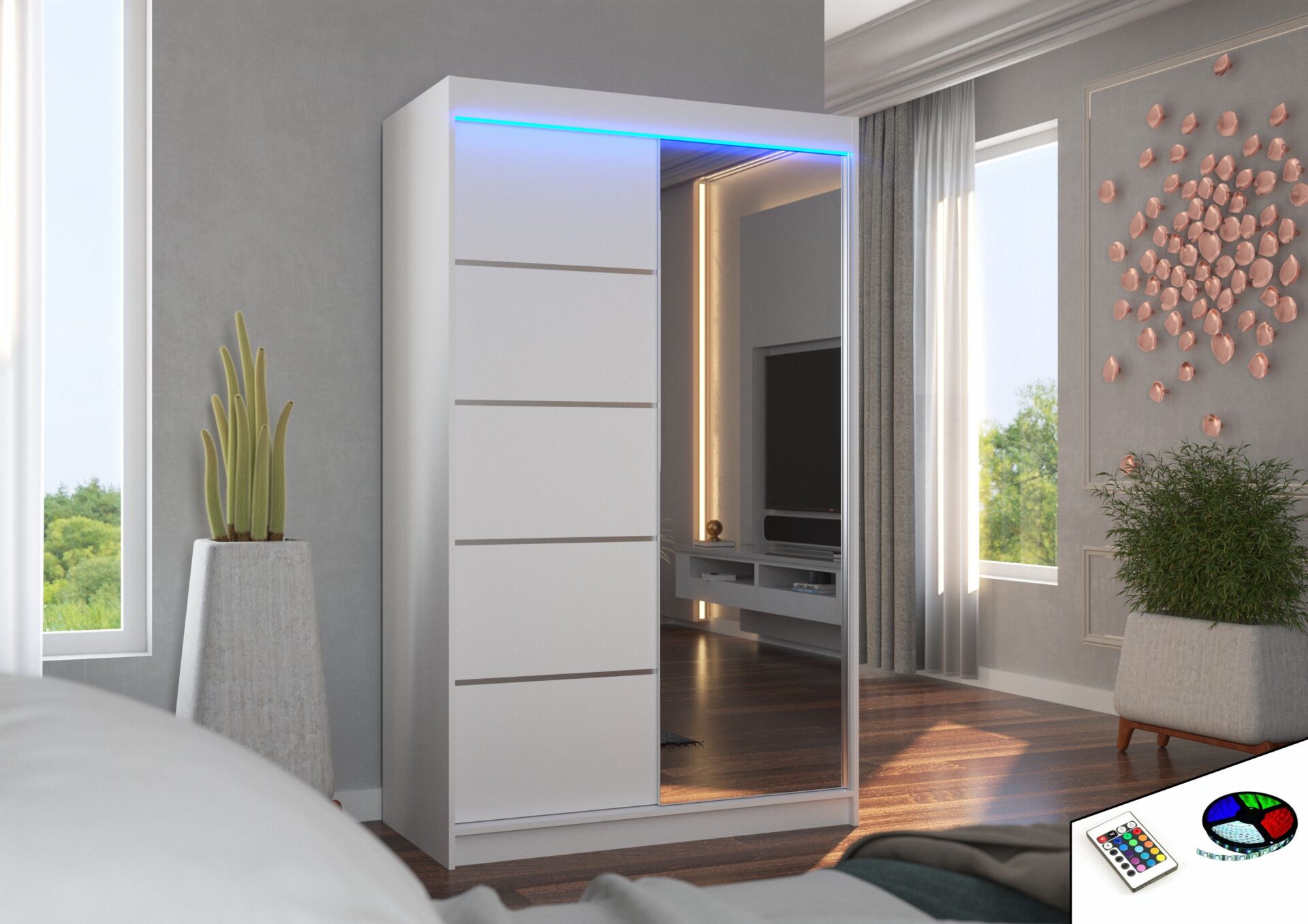 Bīdāms skapis ar spoguli un LED apgaismojumu NICEA 120 balts ADRK — изображение 2