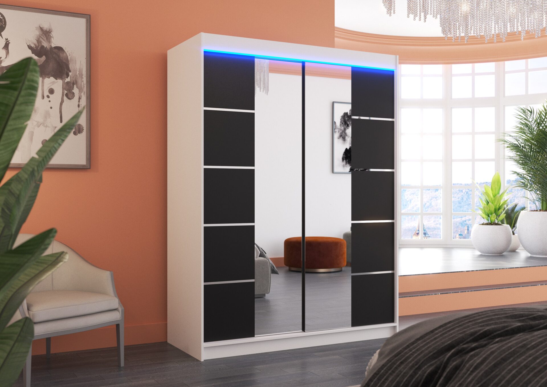 Bīdāms skapis ar spoguli un LED apgaismojumu NORDIC 150 balts/melns ADRK — изображение 2