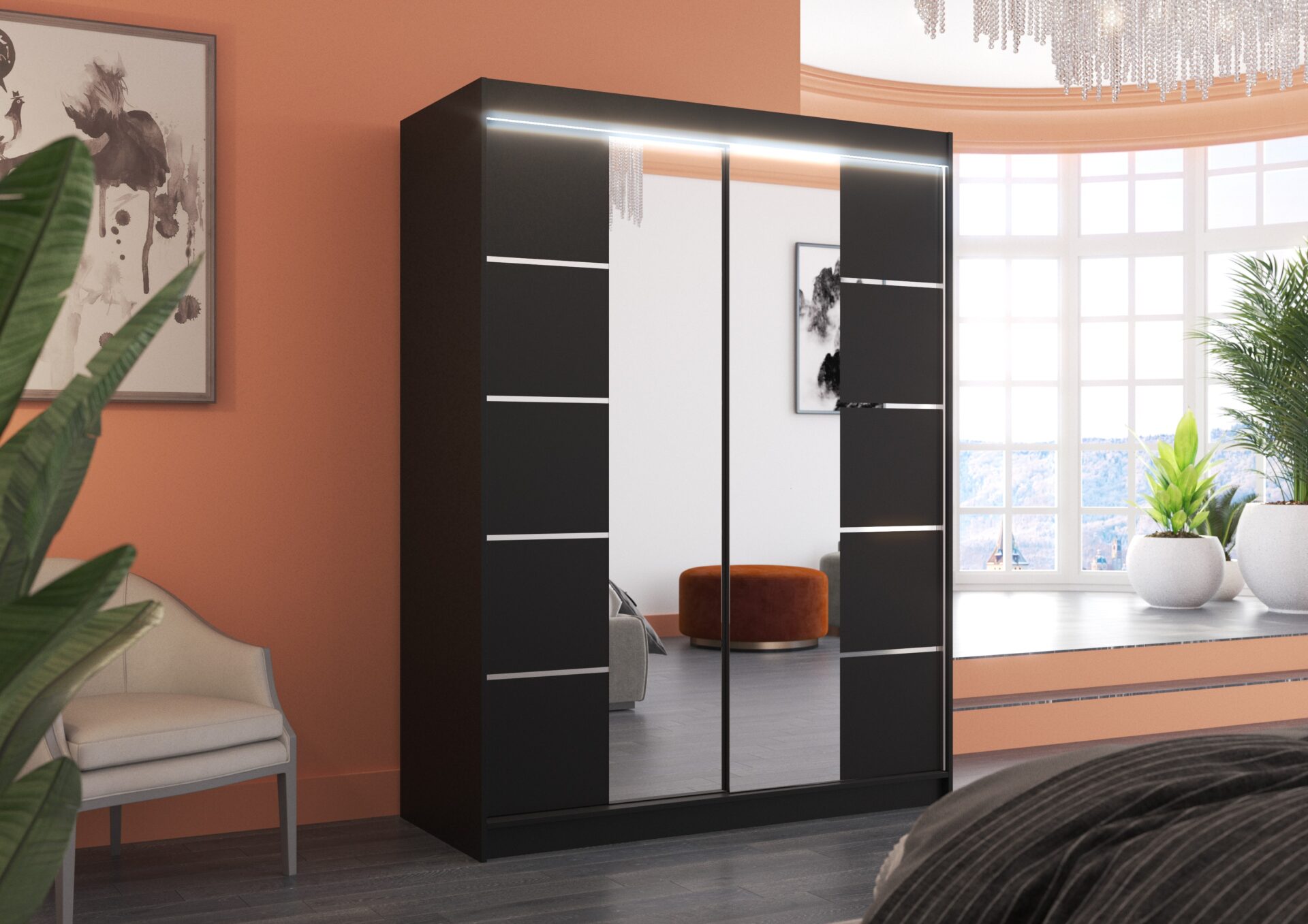 Bīdāms skapis ar spoguli un LED apgaismojumu NORDIC 150 melns ADRK — изображение 2