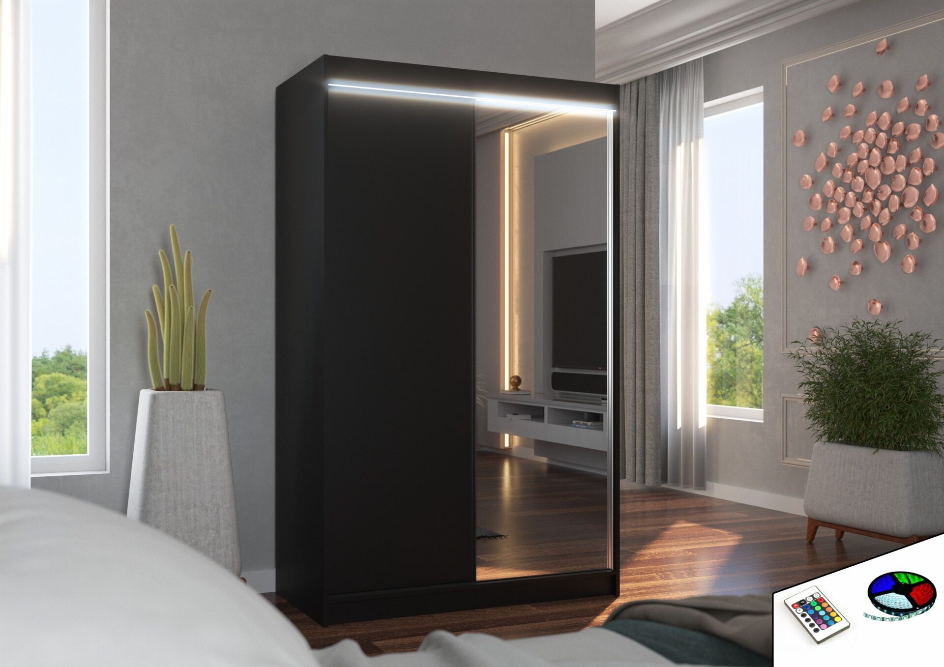 Bīdāms skapis ar spoguli un LED apgaismojumu REWENA 120 melns ADRK — изображение 2