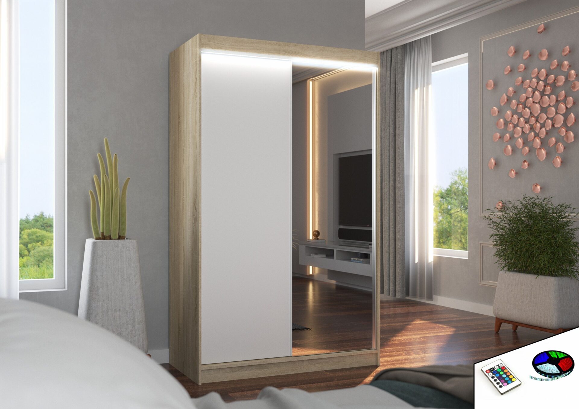 Bīdāms skapis ar spoguli un LED apgaismojumu REWENA 120 Sonoma/Balts ADRK — изображение 2