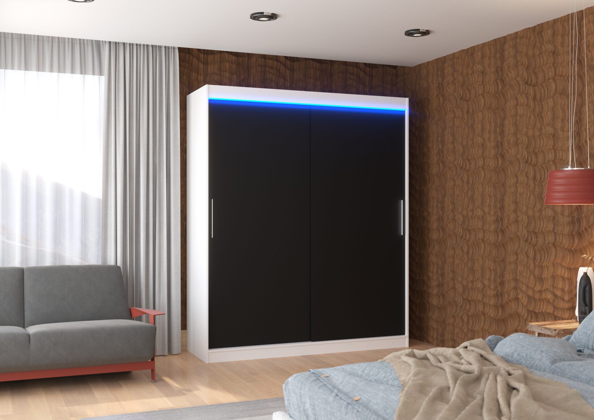 Bīdāms skapis ar LED apgaismojumu LINCOLN 180 balts/melns ADRK — изображение 2