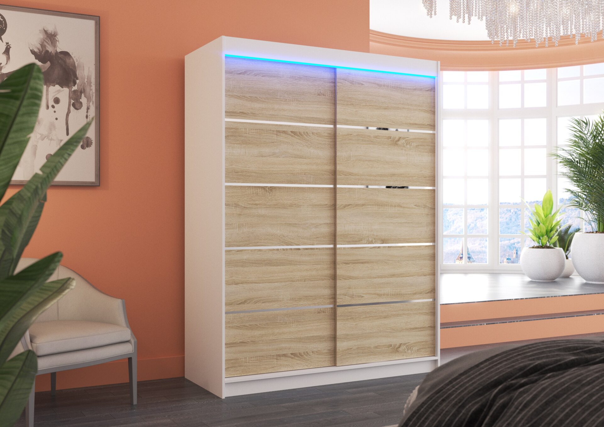 Bīdāms skapis ar LED apgaismojumu LUFT 150 balts/Sonoma ADRK — изображение 2