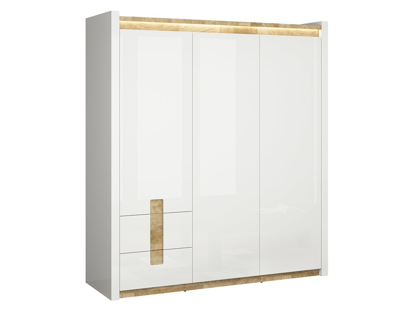 ALAMEDA trīsdurvju skapis ar divām atvilktnēm, 180 cm, spīdīgi balta/Vestminsteras ozols