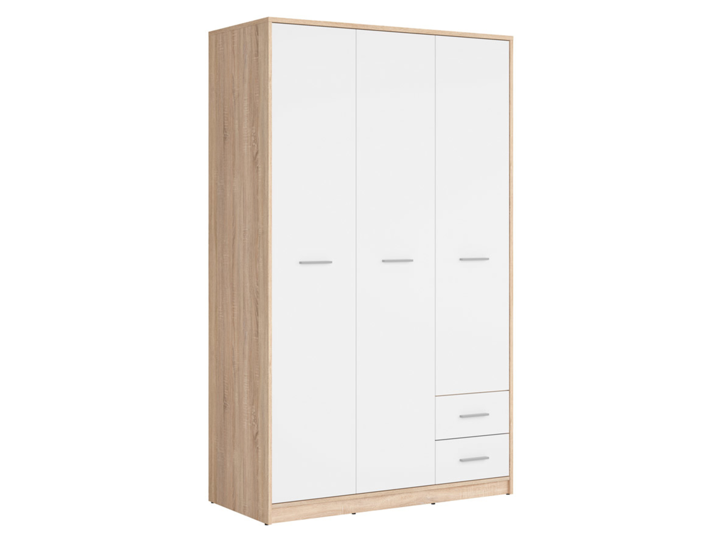NEPO PLUS trīsdurvju skapis ar divām atvilktnēm, 118,5 cm, Sonoma ozols/balts