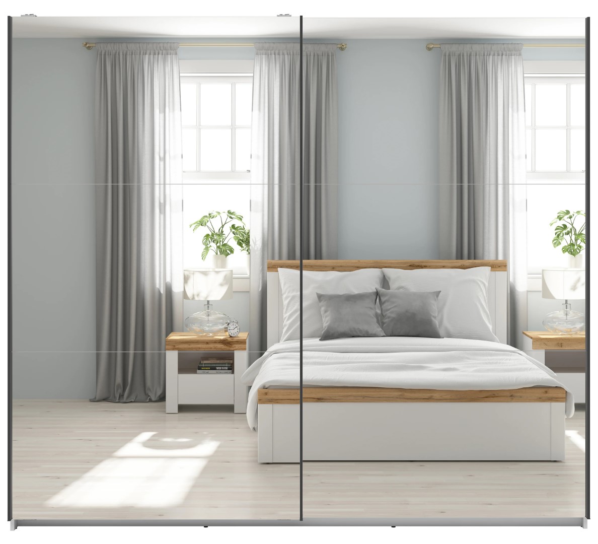 Skapis ar bīdāmām durvīm un diviem spoguļiem TETRIX 220 cm balts, spīdīgs
