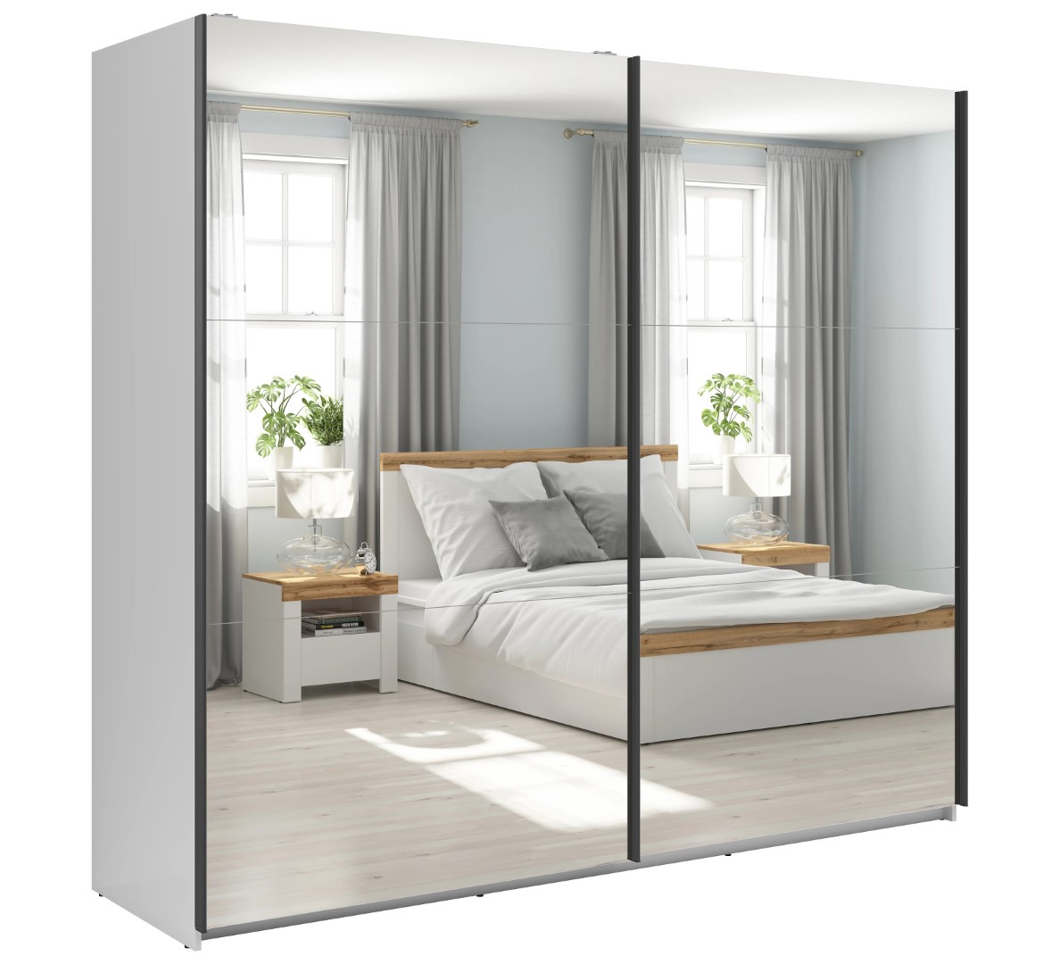 Skapis ar bīdāmām durvīm un diviem spoguļiem TETRIX 220 cm balts, spīdīgs — 5 attēls