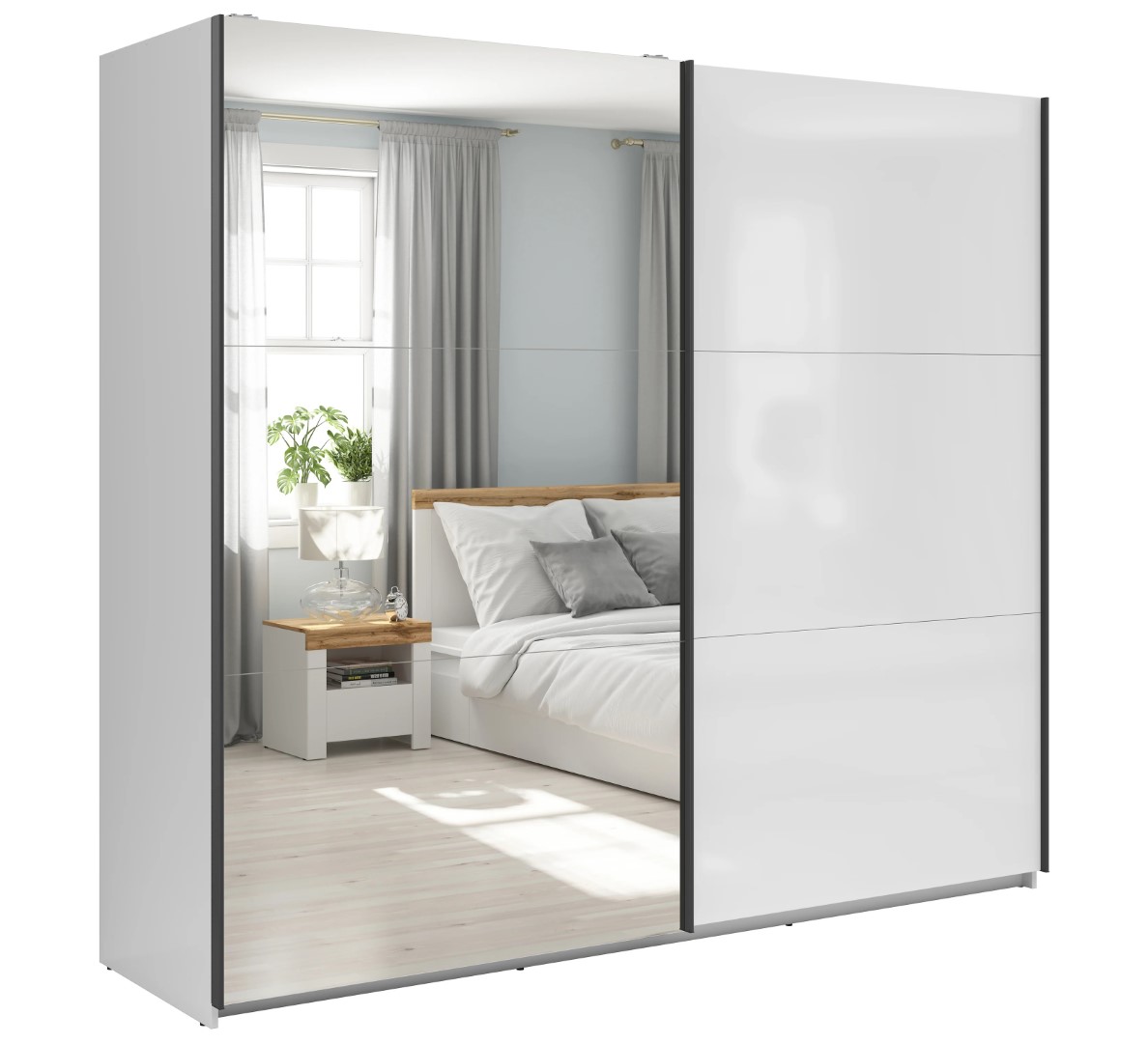TETRIX 220 cm skapis ar bīdāmām durvīm un spoguli, balts, spīdīgs — 5 attēls