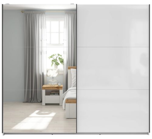 TETRIX 220 cm skapis ar bīdāmām durvīm un spoguli, balts, spīdīgs