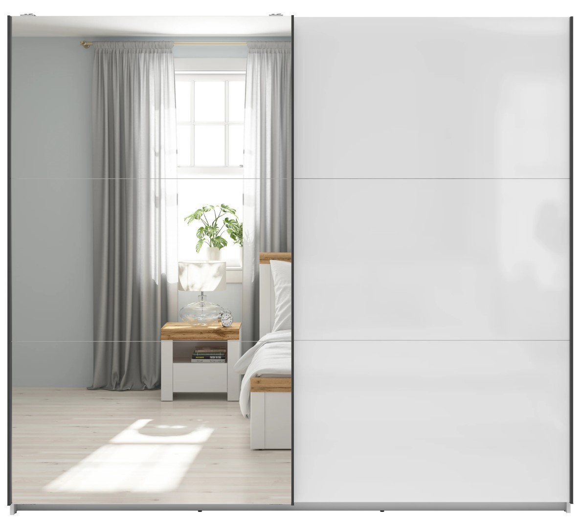 TETRIX 220 cm skapis ar bīdāmām durvīm un spoguli, balts, spīdīgs