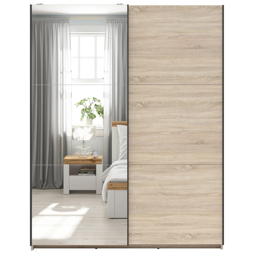 Skapis ar bīdāmām durvīm un spoguli TETRIX 153 cm, sonoma ozols