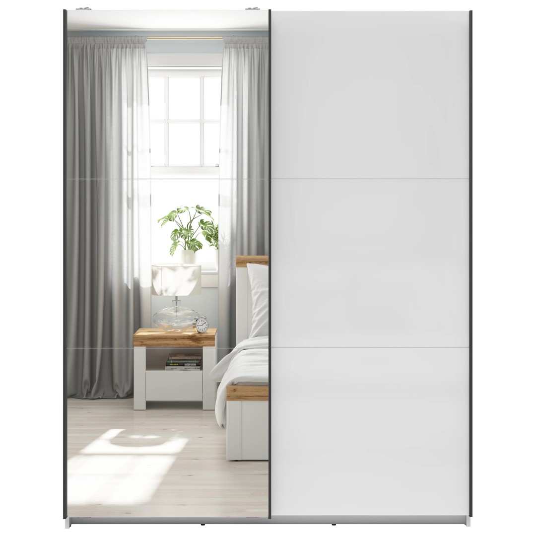 Skapis ar bīdāmām durvīm un spoguli TETRIX 153 cm balts, spīdīgs
