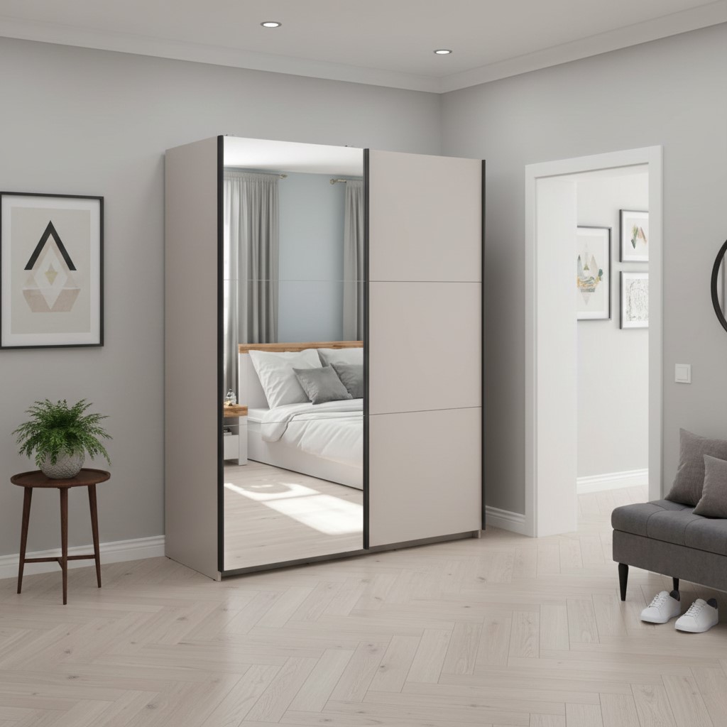 Skapis ar bīdāmām durvīm un spoguli TETRIX 220 cm kašmira krāsā — изображение 3