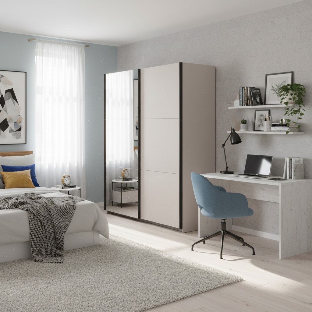 Skapis ar bīdāmām durvīm un spoguli TETRIX 220 cm kašmira krāsā — изображение 7